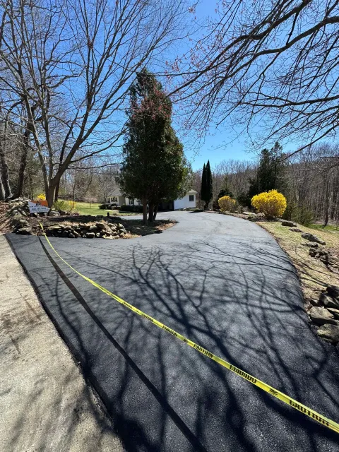 Paved driveway with yellow caution tape, bare trees, and a tall evergreen under a clear blue sky