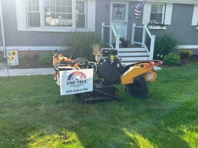 A front yard with a lawn and flower bed. There is a sign for 'ENR-Tree Stump Grinding' with a phone number. A large piece of yard equipment is parked in the grass in front of a house with a porch, white railings, and an American flag.