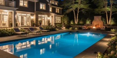 Night view of a luxurious backyard with a pool, fireplace, and a large house with lit windows