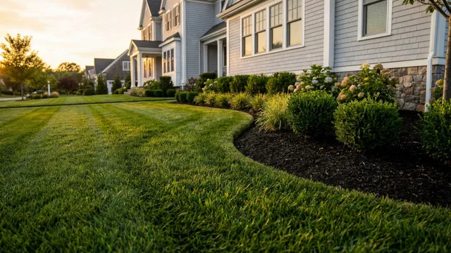 Residential lawn and stone patio at golden hour — landscaping by Grow'N Mow, South Shore Massachusetts