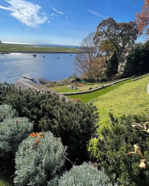 Waterfront landscape plantings and lawn overlooking Long Island Sound