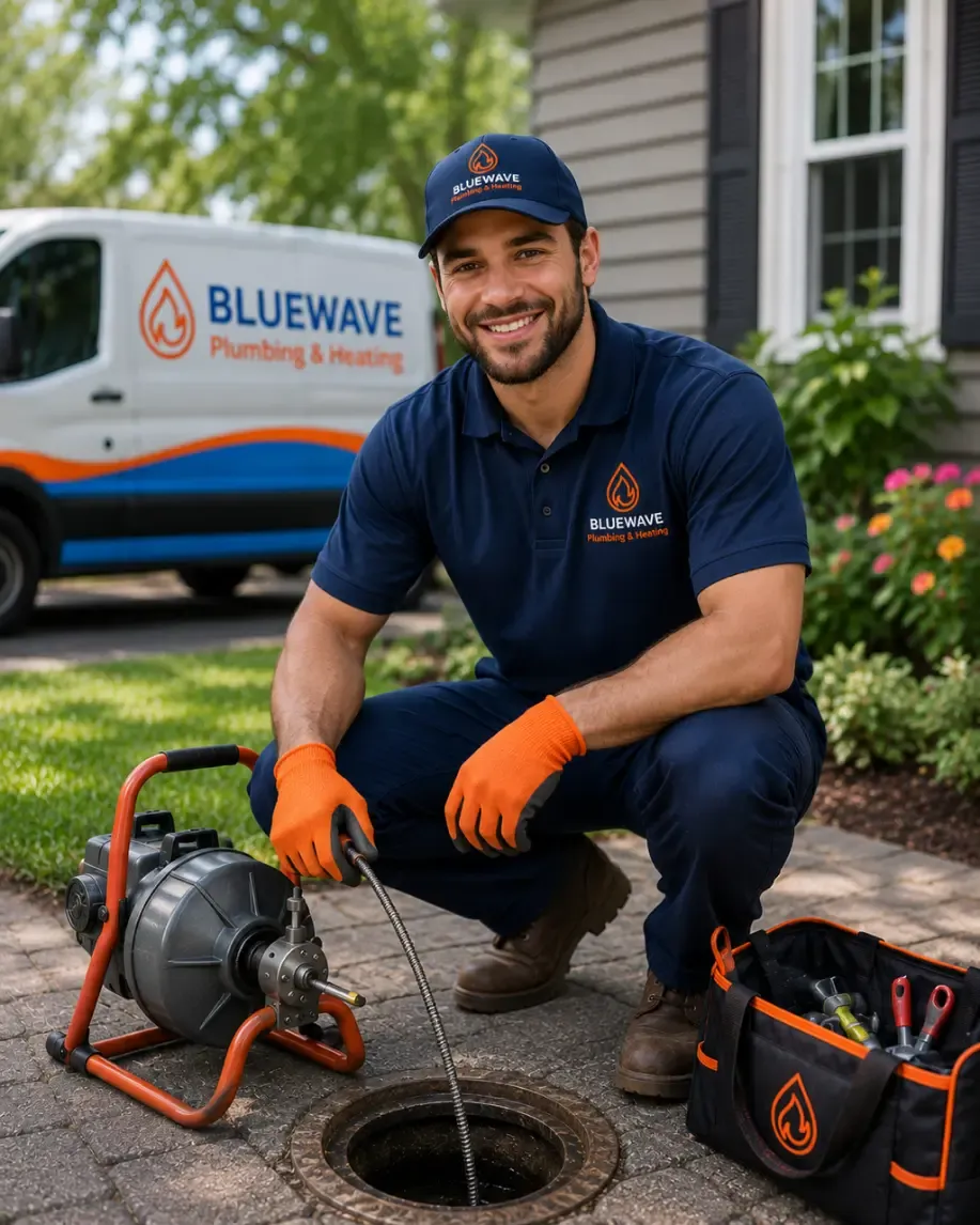 A plumber in a Bluewave Plumbing & Heating uniform cleans a drain outside a house using equipment, with a company van and tool bag nearby.