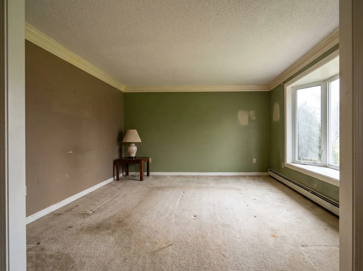 Dated living room with worn carpet and brown walls — before professional repaint