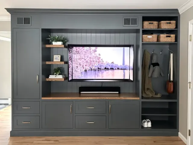 Modern gray TV cabinet with shelves