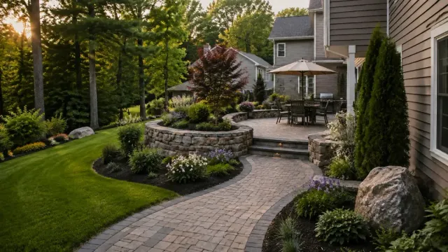 Illustrative paver walkway leading to a patio with a stone wall, planting beds and lawn