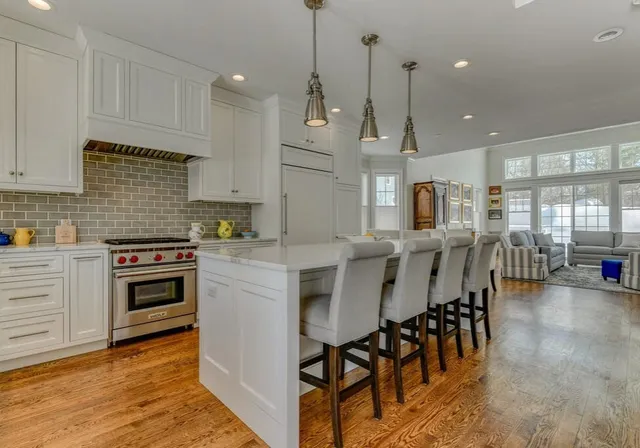 Kitchen subway tile flush refrigerator breakfast nook great room