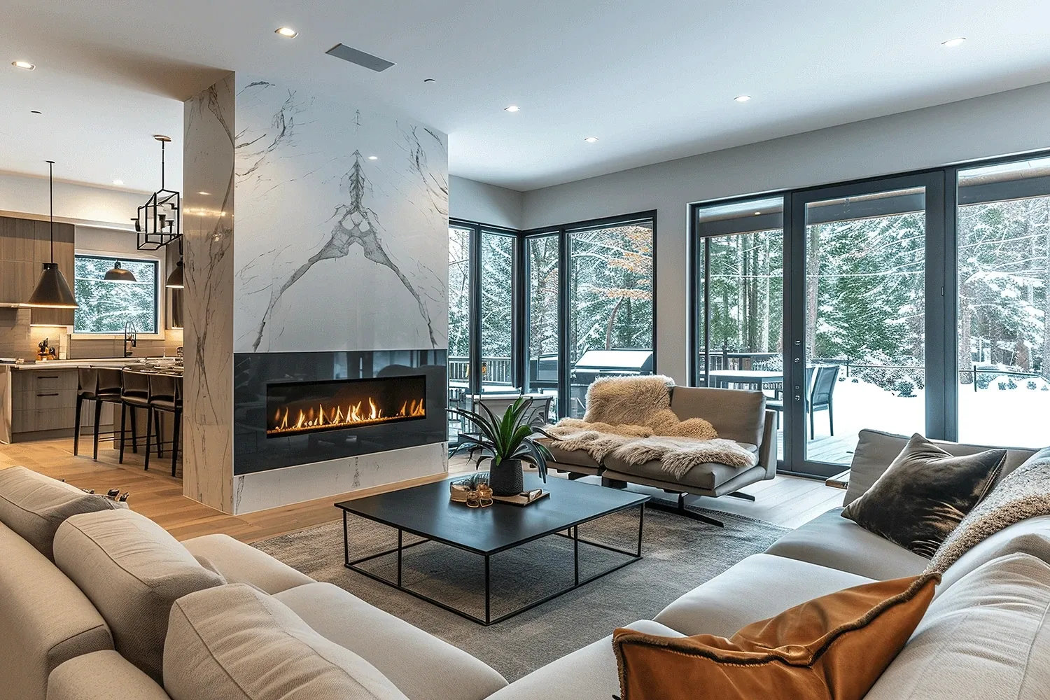 Floor-to-ceiling fireplace surround in book-matched white stone with dramatic gray veining in an open living room