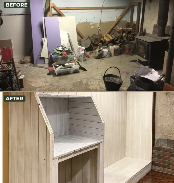 Before-and-after basement hearth area with custom built-in wood storage and finished wall paneling