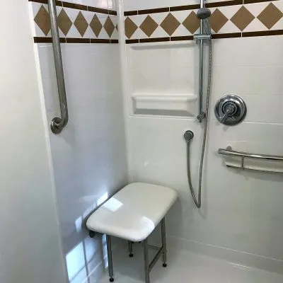Image of shower with added handrails, seat, and removable shower head.