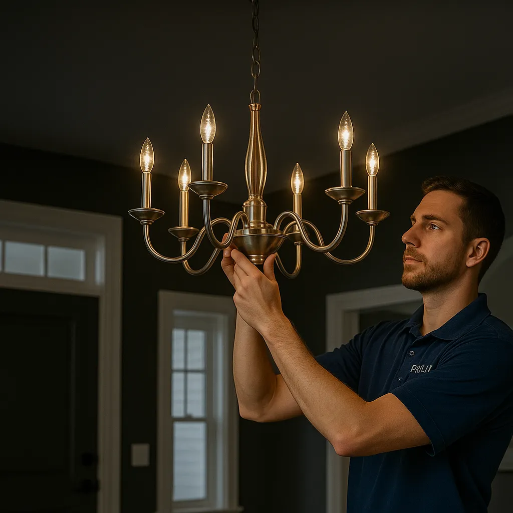 Prevolt Electric technician making final adjustments to a chandelier in a modern home after a clean electrical installation.