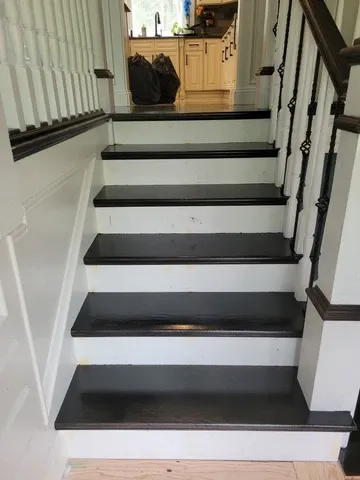 Entryway staircase with dark wood steps and white railing
