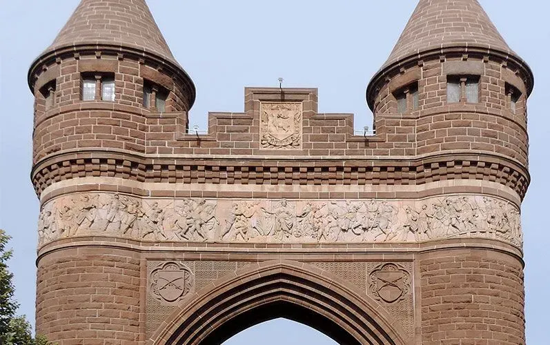 Restored brownstone arch, towers, and ornamental stone carvings at Soldiers & Sailors Memorial Arch — Hartford, CT restoration by Cenaxo