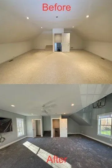 A before and after photo of an attic
