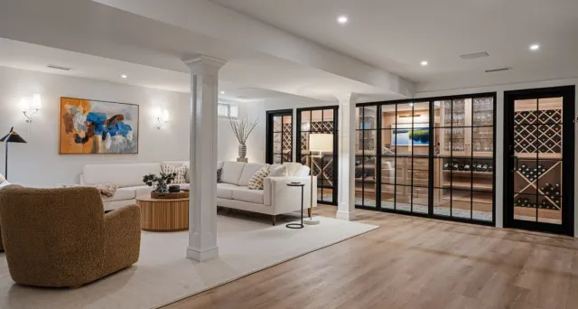 basement remodel with seating area in Madison, CT