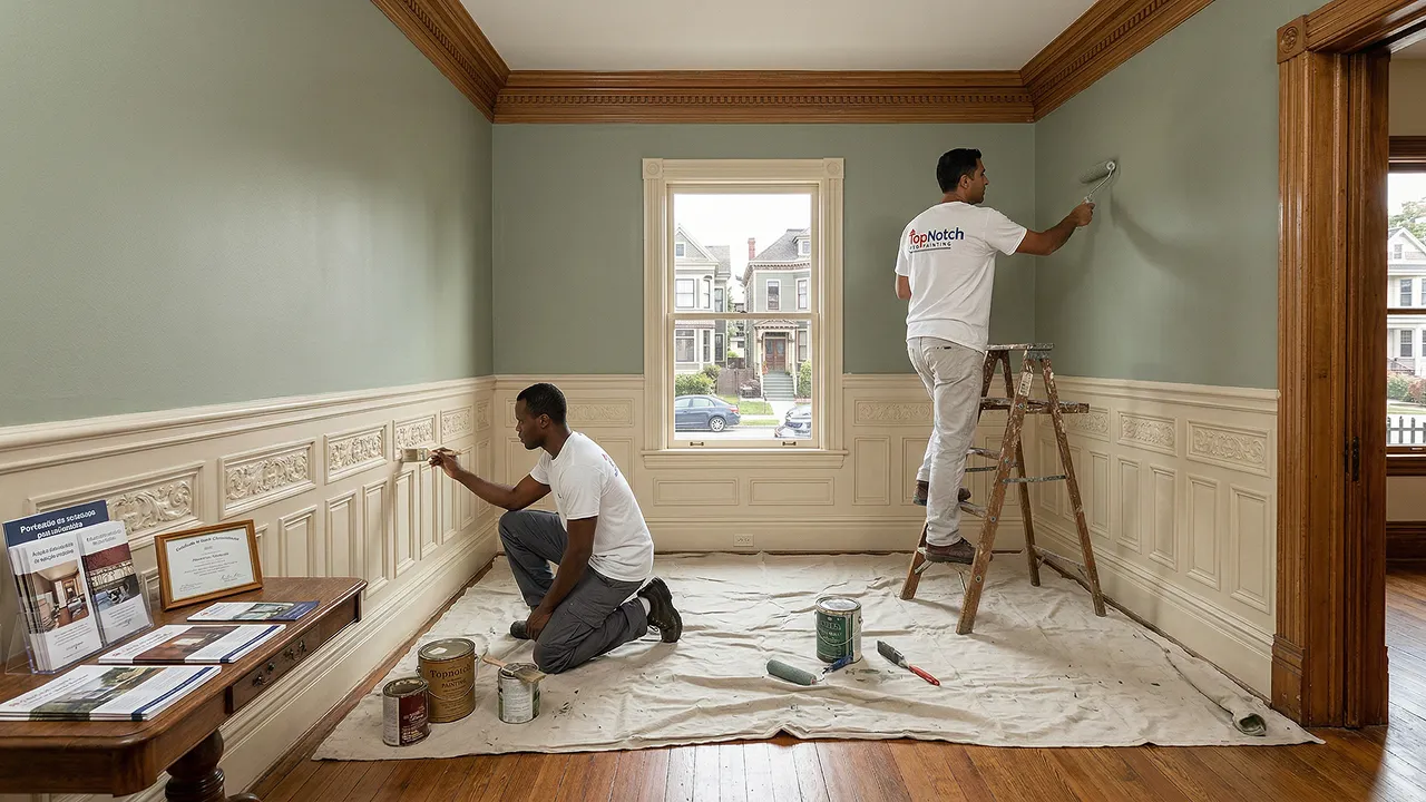 Top Notch Pro Painting professionals painting interior walls and detailed trim in a residential home with careful preparation and high-quality finishes.