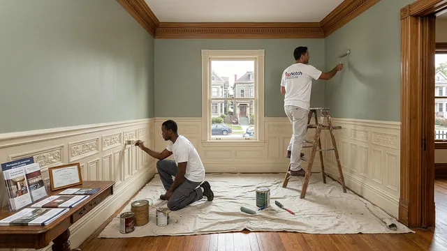 Top Notch Pro Painting professionals painting interior walls and detailed trim in a residential home with careful preparation and high-quality finishes.