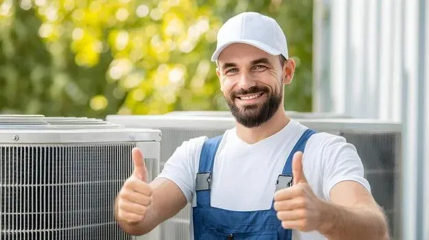 Technician model beside residential air conditioning equipment
