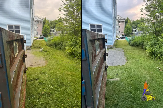Before and after side-by-side comparison of Nice Lawn Bro lawn mowing in Worcester MA