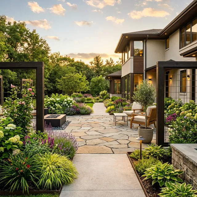 Beautifully constructed stone patio and modern hardscaping in a residential backyard, showcasing our premium landscape construction services.