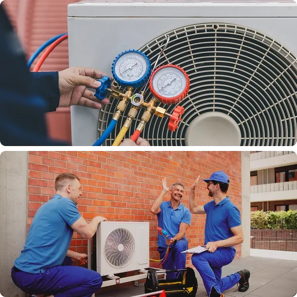 Technicians servicing an air conditioning unit outdoors.