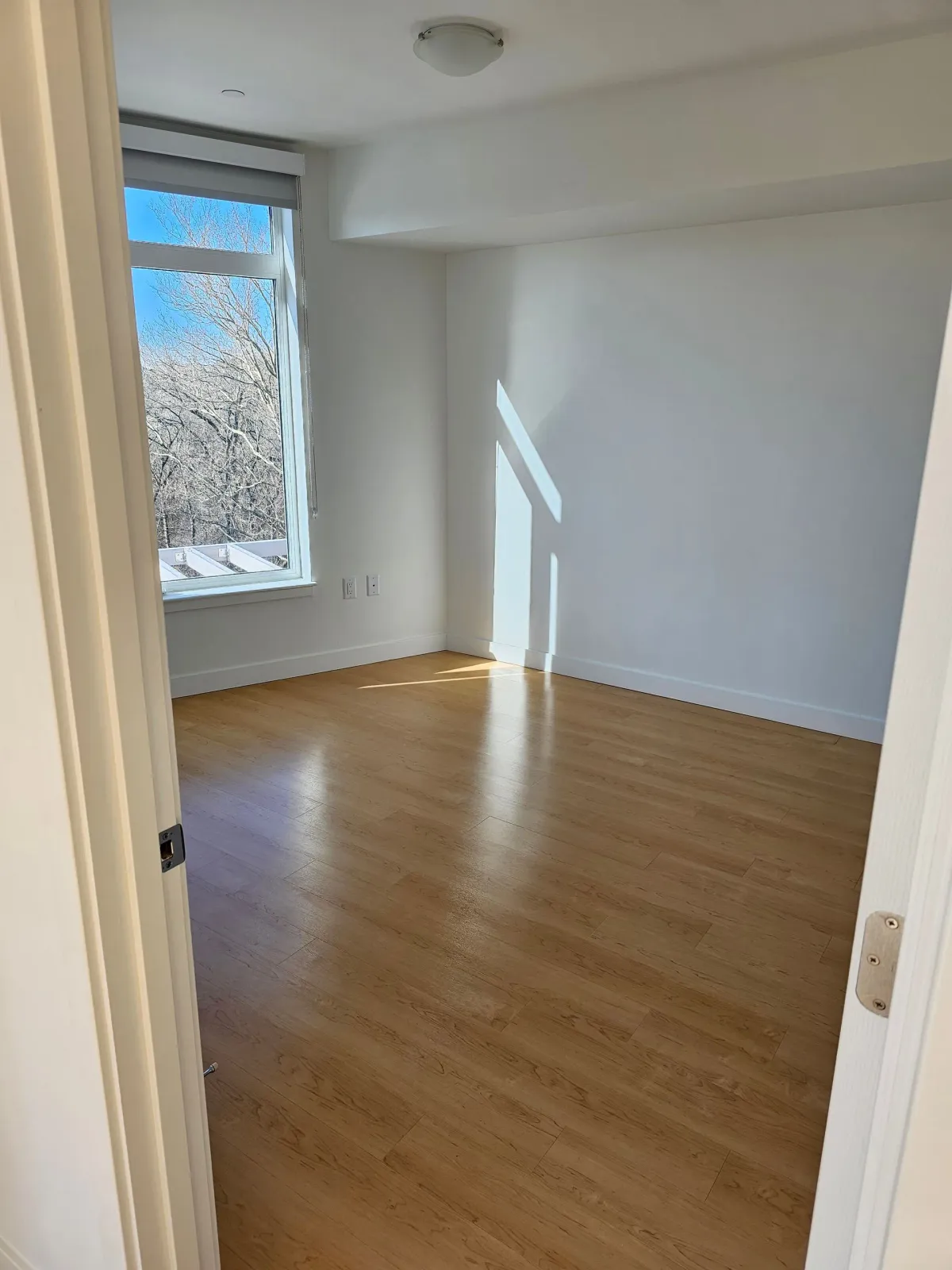 Empty room with hardwood floor, bright window, and white walls.