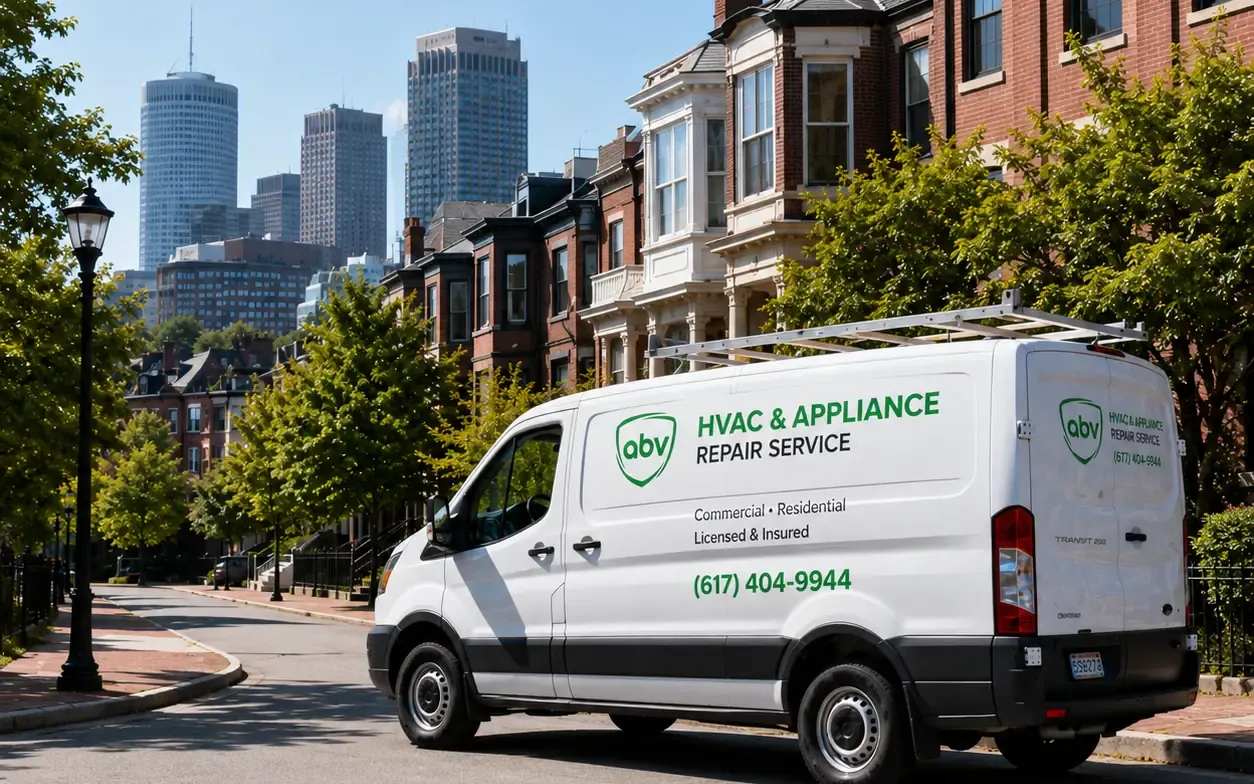 ABV Boston HVAC and appliance repair van parked on a Boston brownstone street with the downtown skyline behind