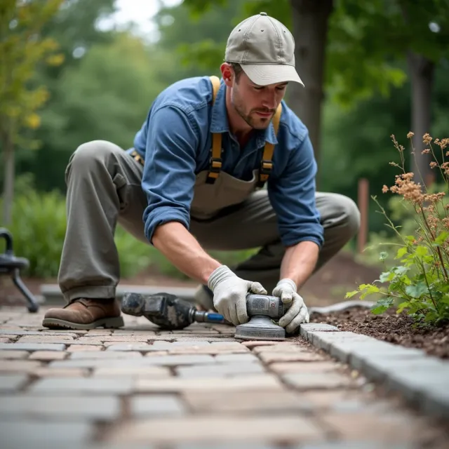 Contractor re-sanding paver joints on a patio as part of annual hardscape maintenance in Norfolk County, MA