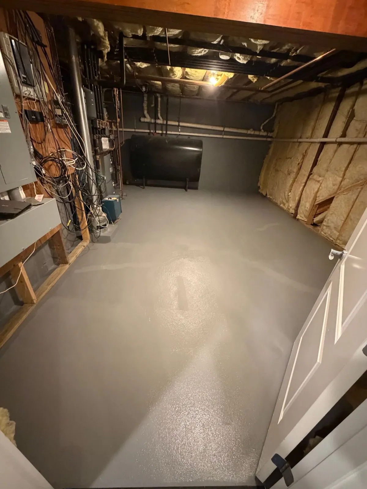 A view of a basement storage area with a freshly painted gray floor, exposed wall insulation, and utility equipment.