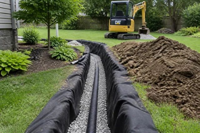 French drain installation in a residential yard