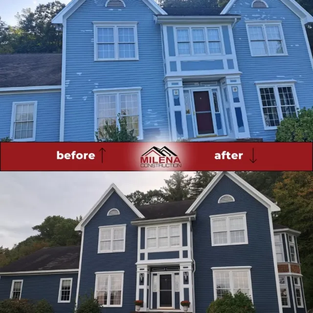 Before and after: exterior repaint to deep navy on a New England colonial