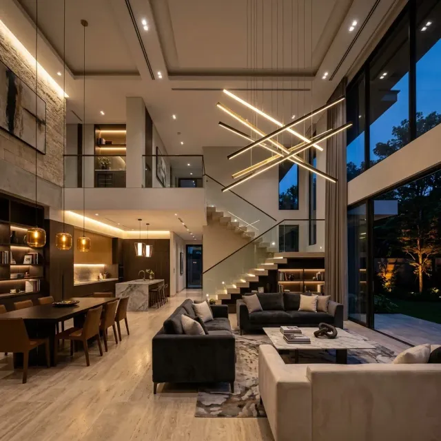 Spacious modern living room and kitchen with large windows and contemporary lighting