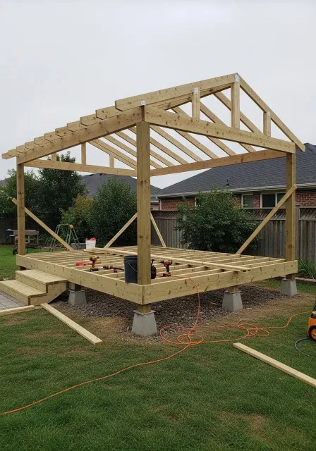 Outdoor pergola structure framing under construction with pressure-treated lumber and concrete footings