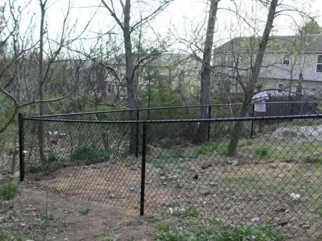 A black chain-link fence encloses a dirt area with trees and bushes in a residential yard near a house.