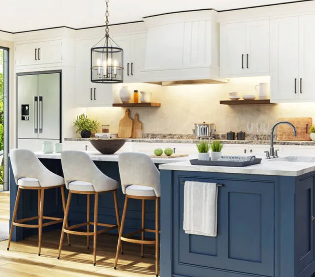 Contemporary kitchen with blue center island, white cabinetry and hardwood flooring