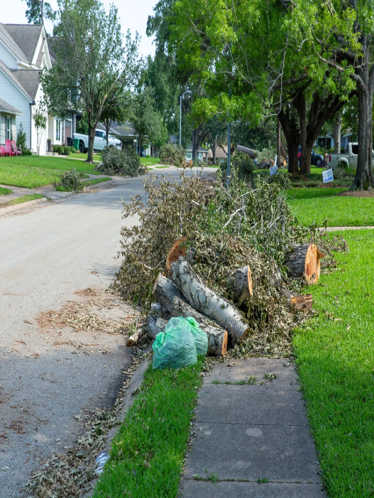 Storm cleanup with tree limbs on curb