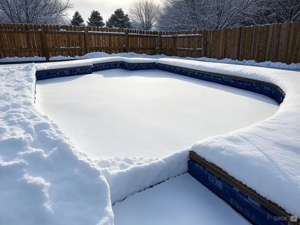 Snow-covered backyard swimming pool, surrounded by a wooden fence, on a sunny winter day.