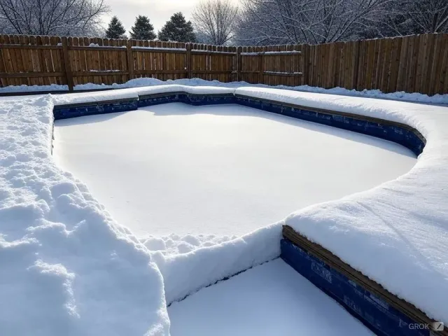 Snow-covered backyard swimming pool, surrounded by a wooden fence, on a sunny winter day.