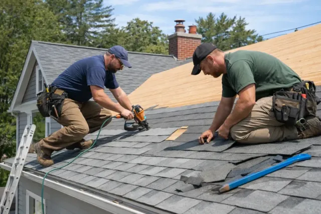 Roofing contractors installing shingles on a residential roof, showcasing quality craftsmanship and materials for North Shore homes.