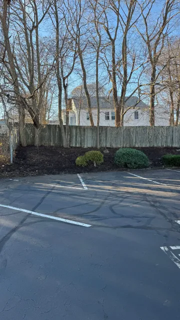 Parking lot with white lines, fence, trees, and a house in the background.