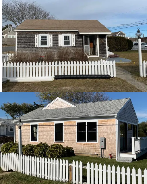 A before and after picture of a house with a white picket fence