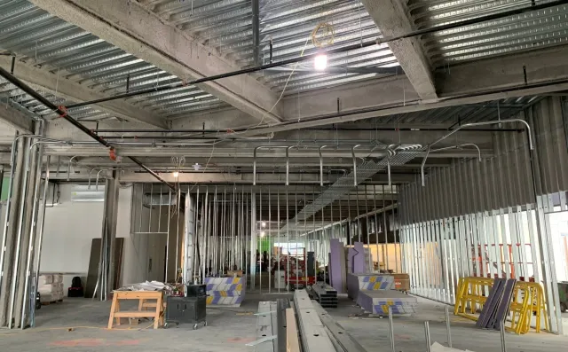 Commercial electrical rough-in: conduit and fixtures on an open deck ceiling