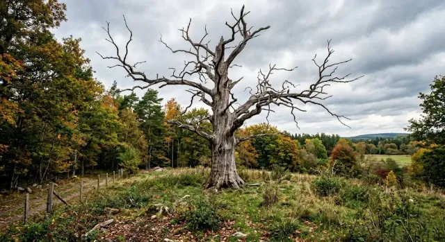 Before dead oak threatening house Massachusetts