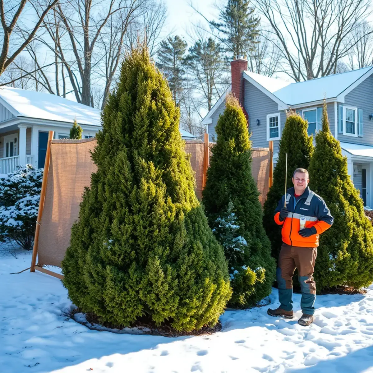 Snow-covered landscape beds and shrubs at a Massachusetts home