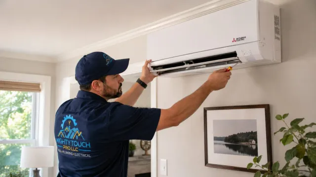 HVAC technician installing an indoor mini-split heat pump unit