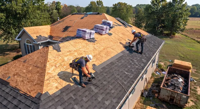 Roofer installing new asphalt shingles on a Maine home in Windham