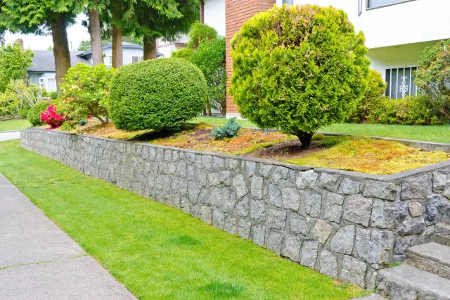 Stone retaining wall with greenery and manicured shrubs next to a sidewalk.
