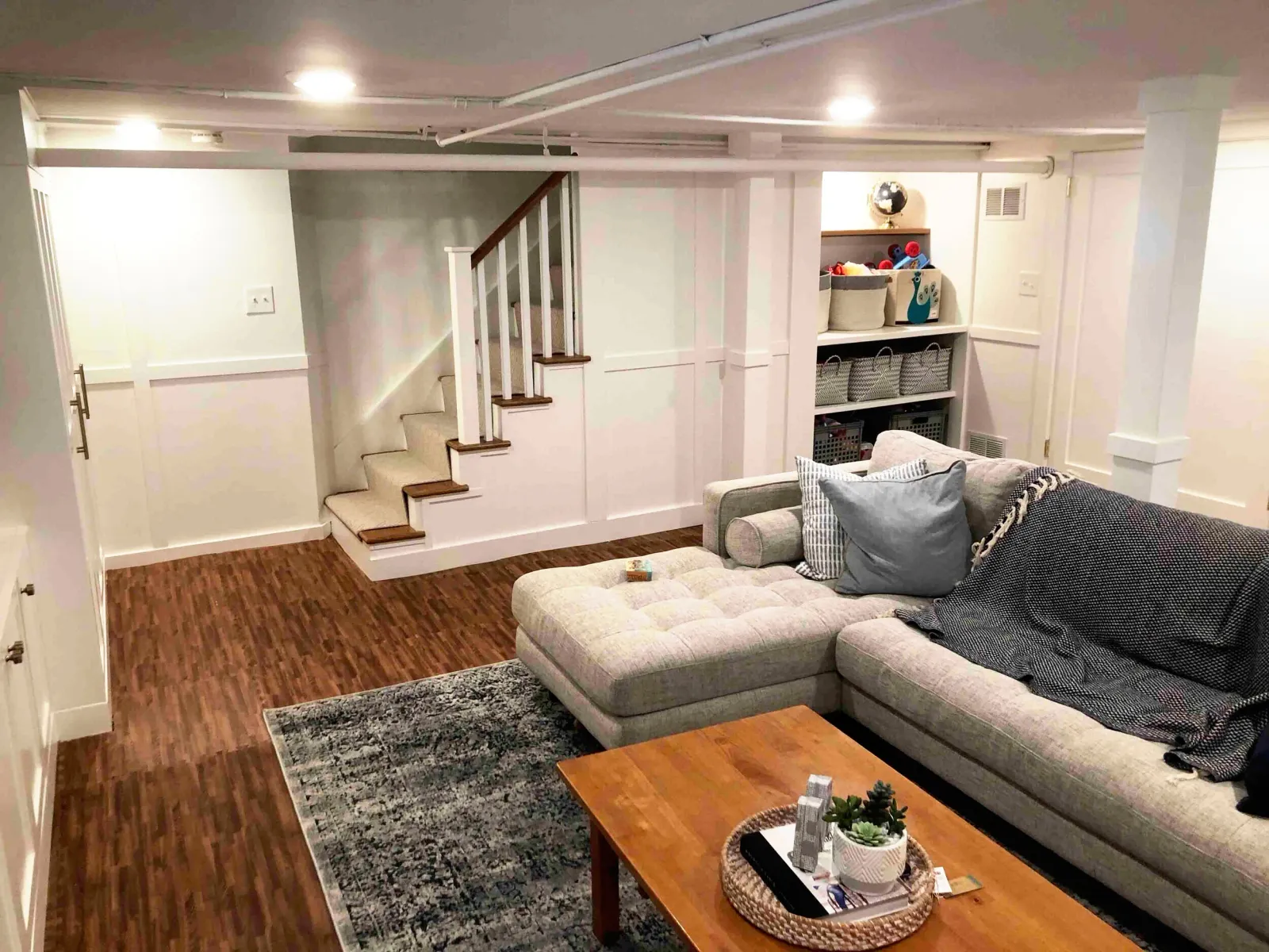 Shaker style paneling, oak shelves, post wraps