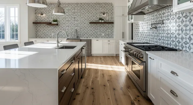 Bright modern luxury kitchen with beautiful custom tile backsplash and natural sunlight