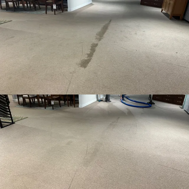 A before and after picture of a carpeted floor in a living room.