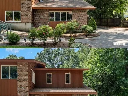 A before and after photo of a brick house